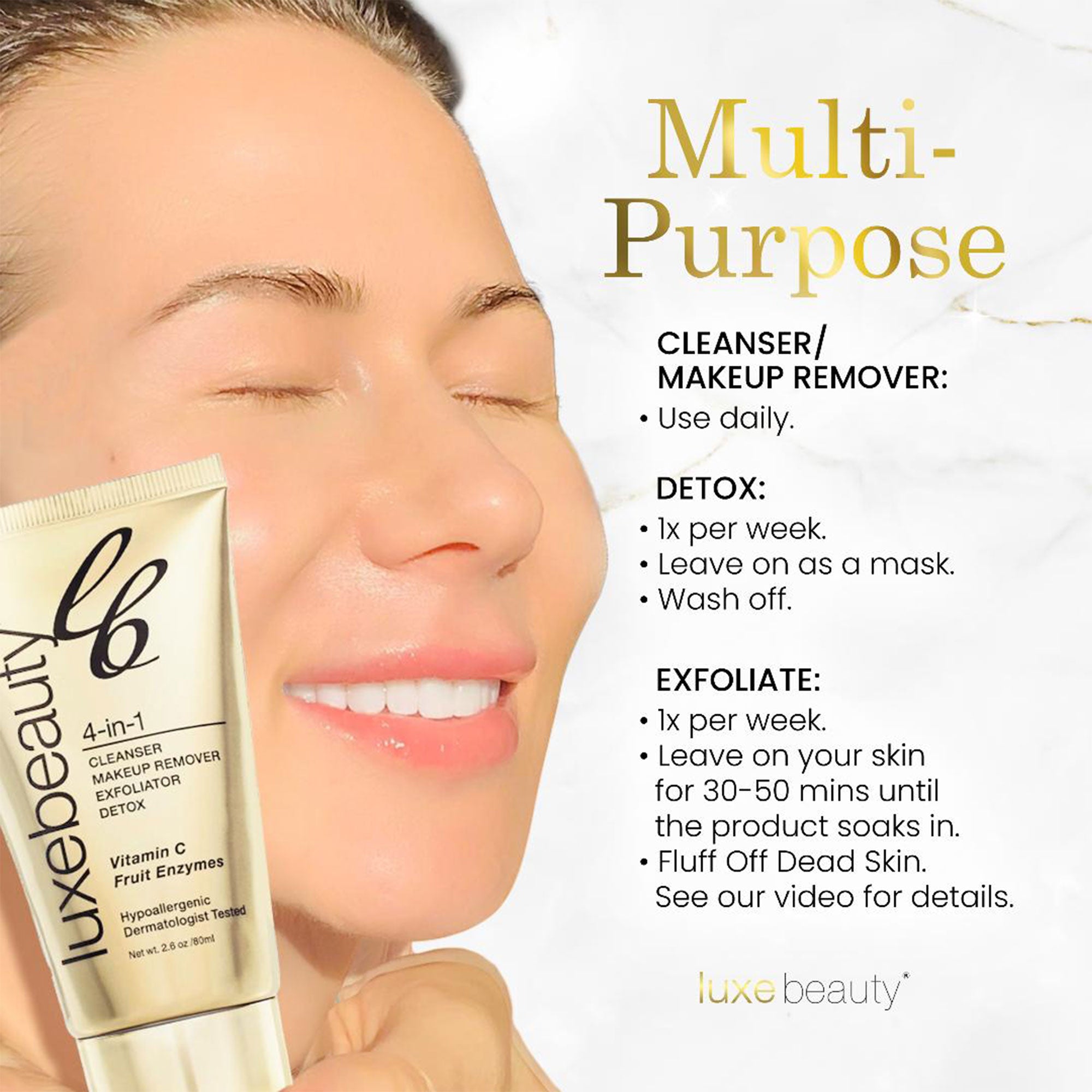 Luxe Beauty product with usage instructions on a white background