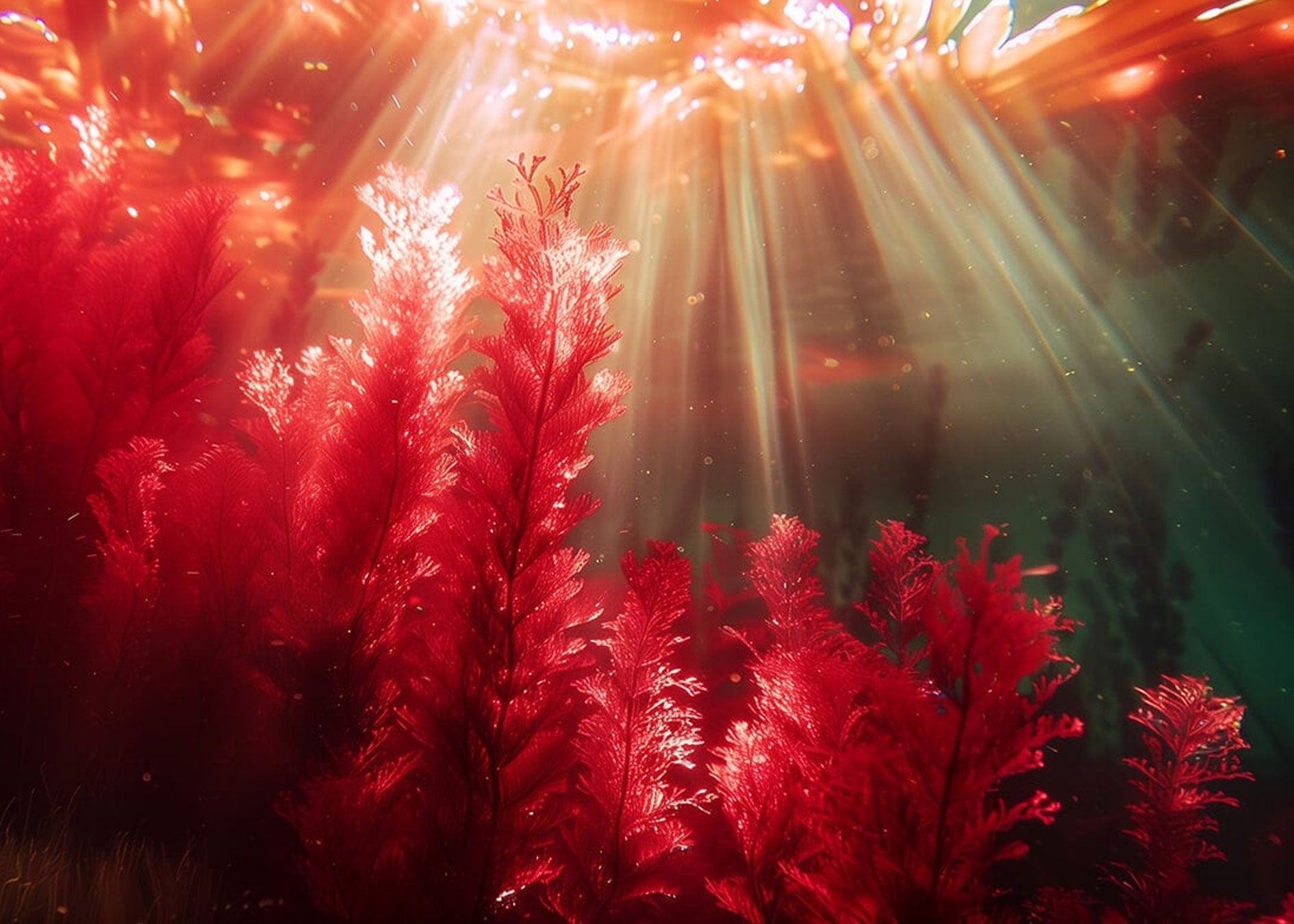 Red underwater plants with sunlight filtering through the water